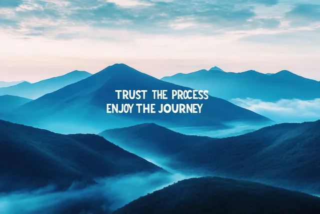 Misty Blue Mountains with Motivational Journey Text