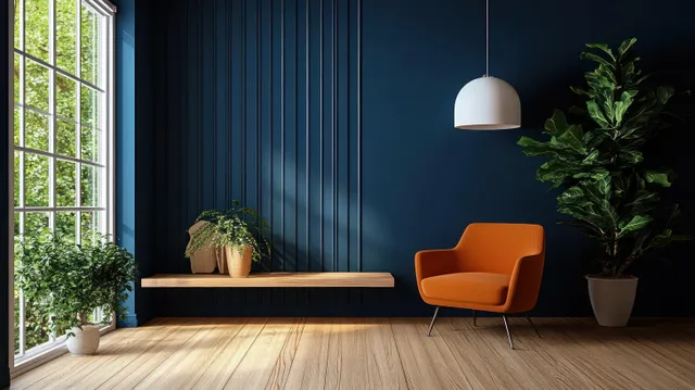 Scandinavian living room with dark blue wall, orange chair, wood bench and white pendant lamp