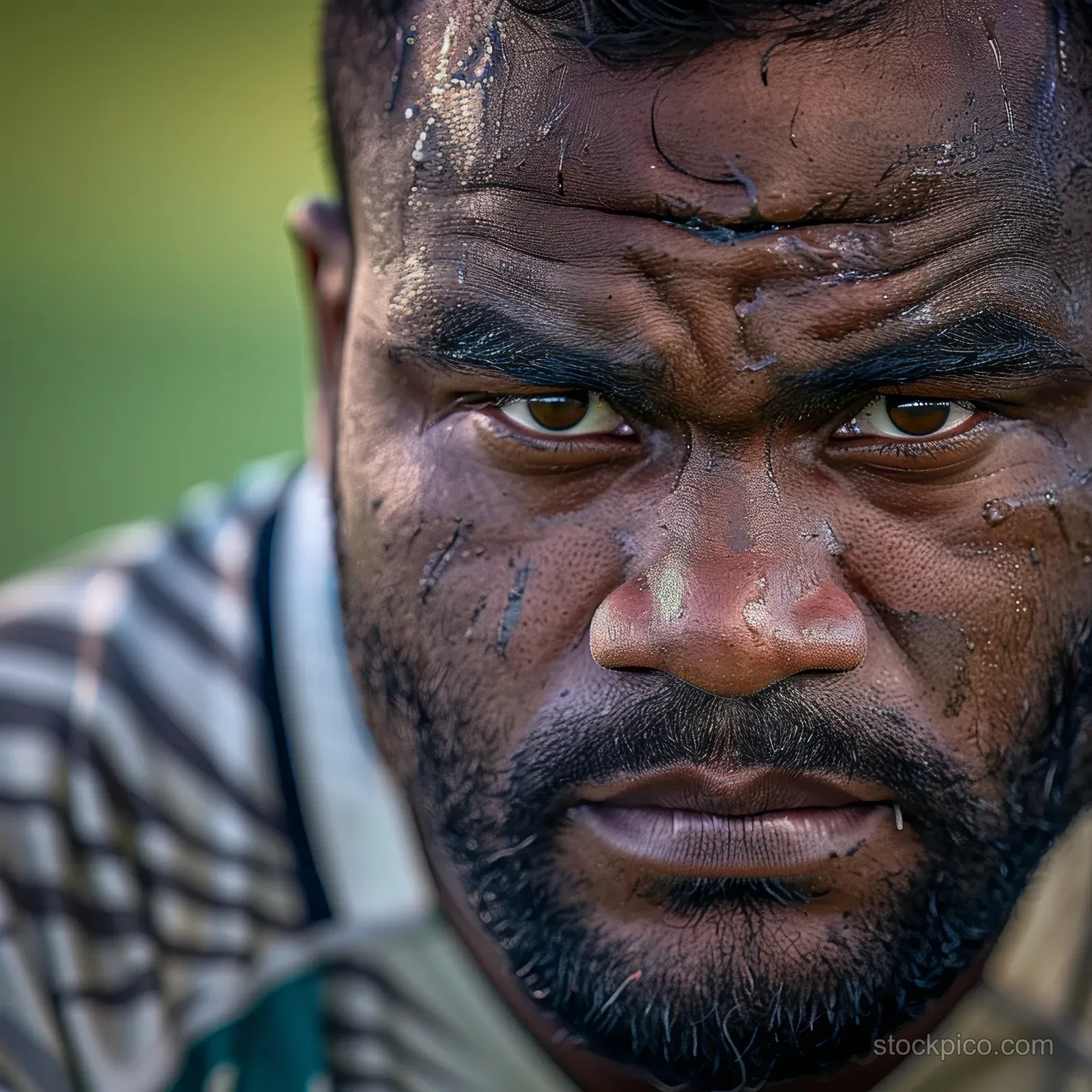 Close-up portrait of a Fijian rugby sevens player in a striped jersey with a focused expression outdoors.