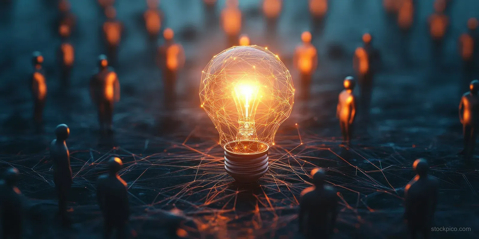A glowing light bulb at center with connected silhouettes of people around it in a digital network scene.