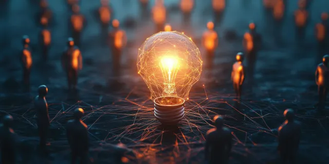 A glowing light bulb at center with connected silhouettes of people around it in a digital network scene.