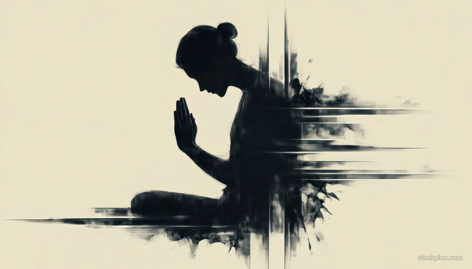 Silhouette of a man praying before a cross with streak-like motion blur against a beige background.