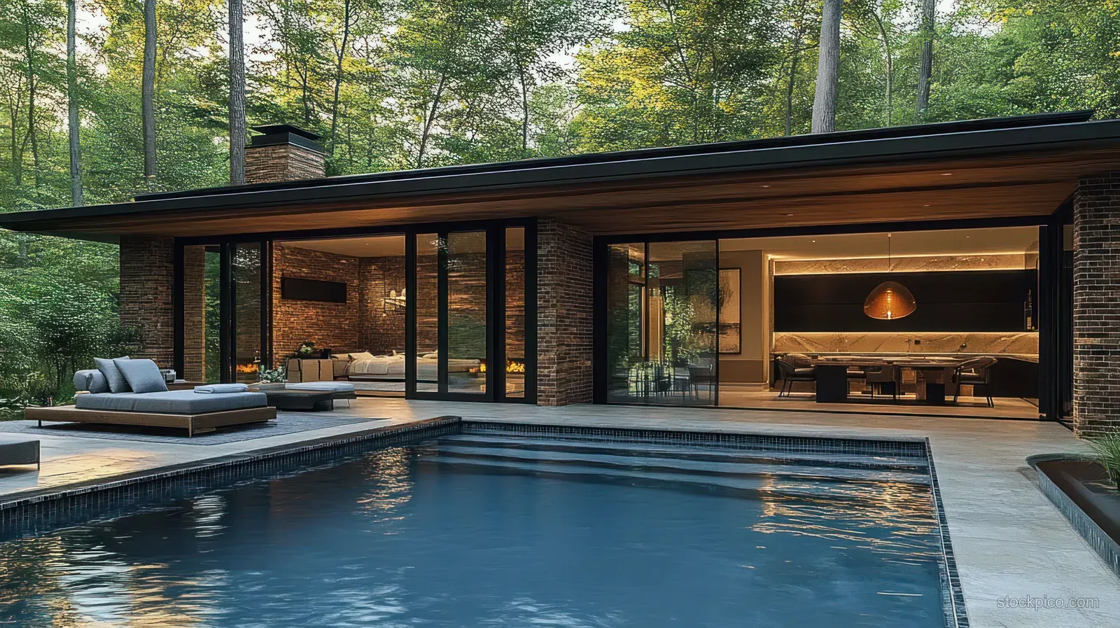 Modern house patio at dusk with a lit interior, large glass windows, and a calm outdoor swimming pool.