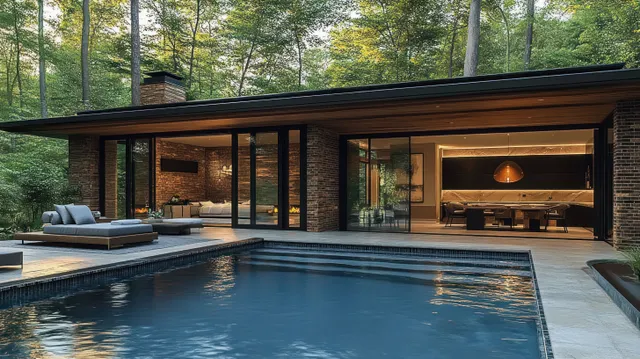 Modern single-story home patio with glass wall, warm interior lights, and outdoor swimming pool