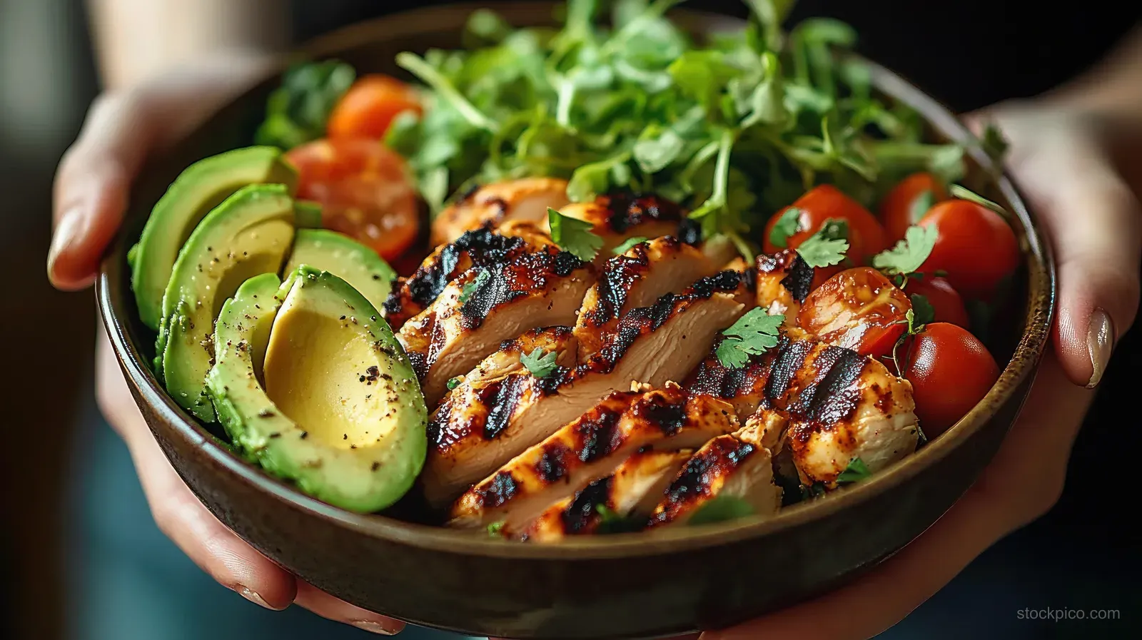 Hands hold a bowl of grilled chicken, avocado slices, cherry tomatoes, and fresh greens.