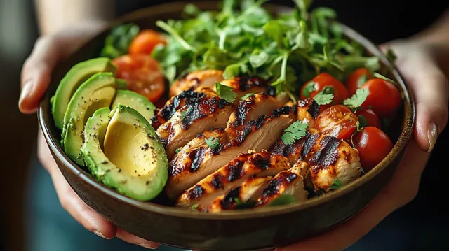Hands hold a bowl of grilled chicken, avocado slices, cherry tomatoes, and fresh greens.