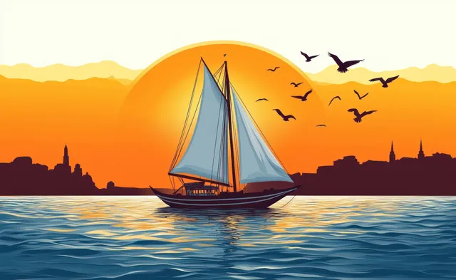 Minimalist sailboat on a river at sunset with flying birds and a dark city skyline silhouette in the distance.