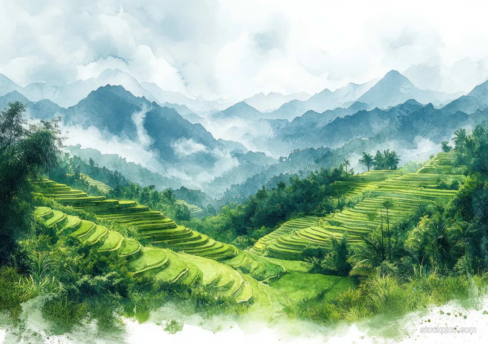 Watercolor landscape shows misty mountains and lush terraced rice fields with a cloudy sky.