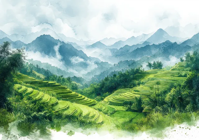 Mist-filled Japanese mountains above lush terraced rice fields with watercolor sky