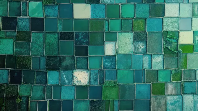 Aerial view of rectangular fish farming ponds with green and blue water forming a geometric mosaic pattern.