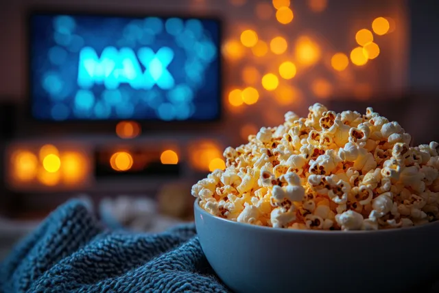 A bowl of popcorn in the foreground with a glowing TV screen showing streaming content in a cozy living room.