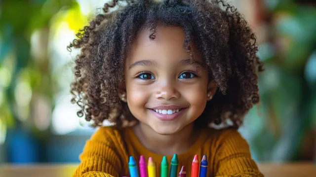 Smiling curly-haired girl holding colorful crayons at a table with a softly blurred outdoor background.
