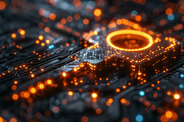 Glowing circuit board with a holographic house icon and a key ring.