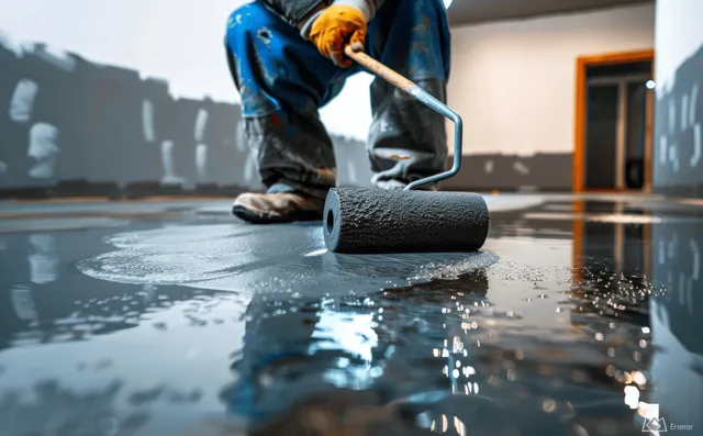 Worker Rolling Grey Self-Leveling Compound Across Concrete Floor Indoors