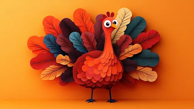 Cartoon turkey with layered warm feathers and a surprised expression standing on a bright orange background.