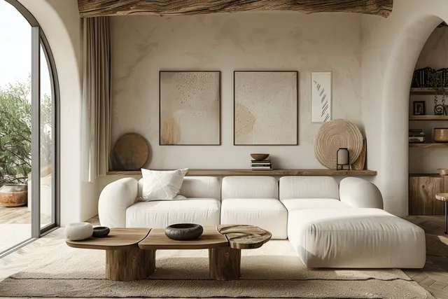 Beige sectional sofa in a bright living room with wooden coffee tables, cushions, and abstract wall art.