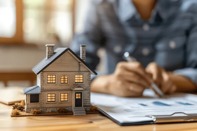 Realtor at desk with house model as man signs mortgage purchase contract