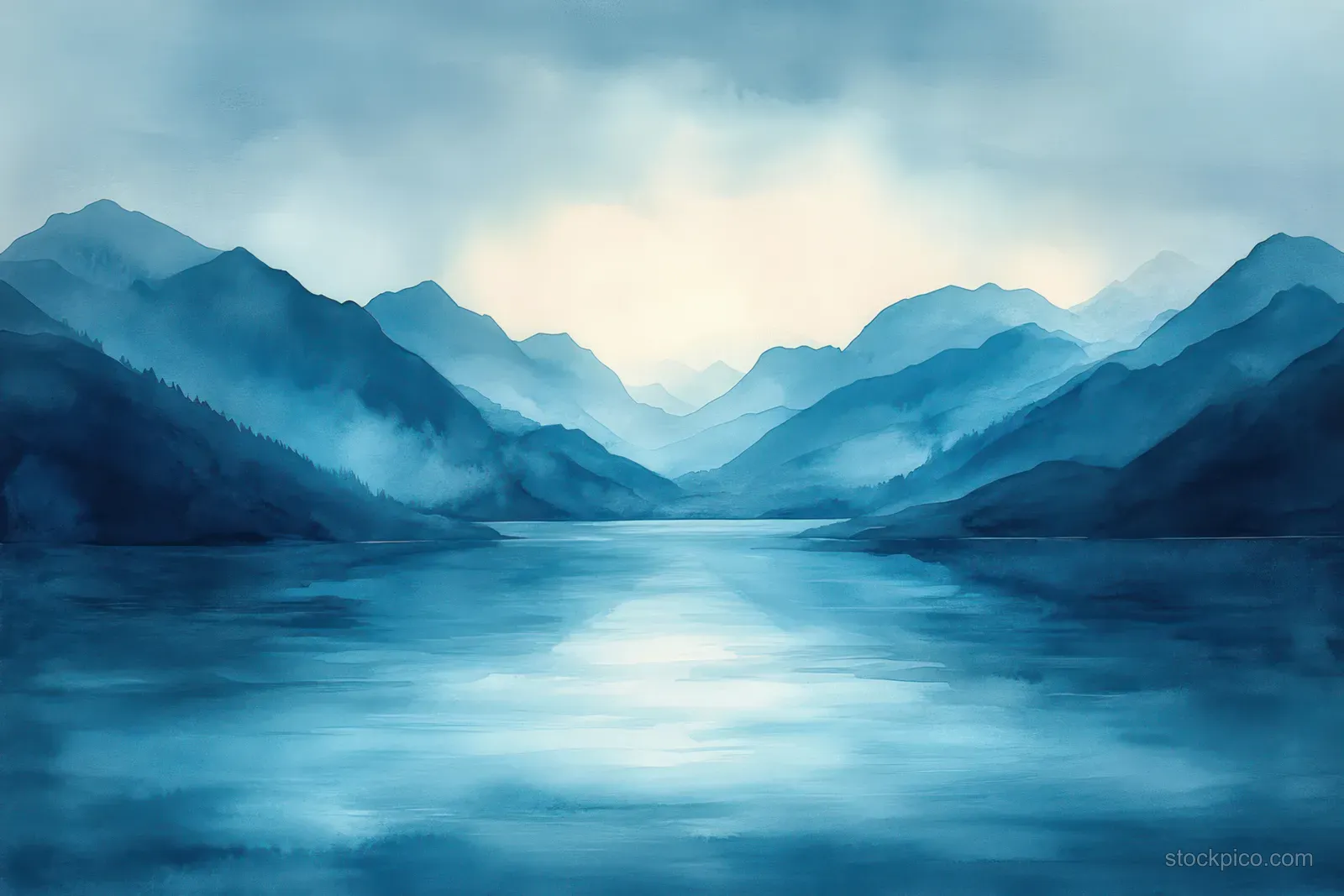 Abstract watercolor mountains in blue haze reflect softly on a quiet turquoise lake.