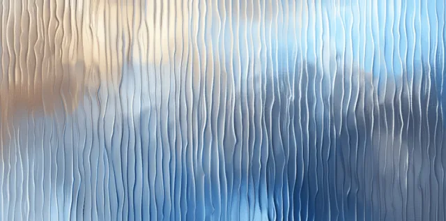 Seamless iridescent silver holographic background with corrugated ribbed glass ridges and pastel rainbow refraction.