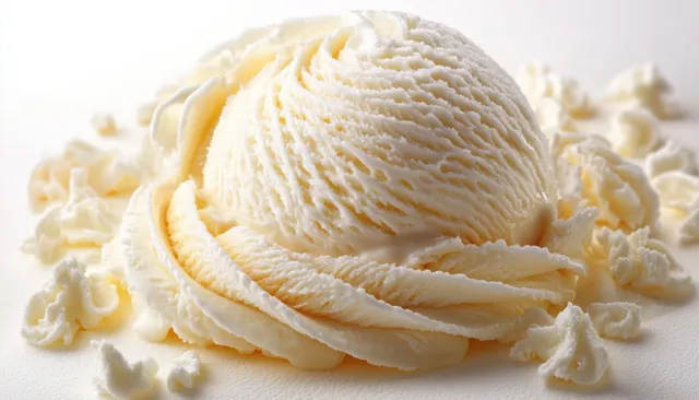 Vanilla ice cream scoop topped with whipped cream swirls on a white background.