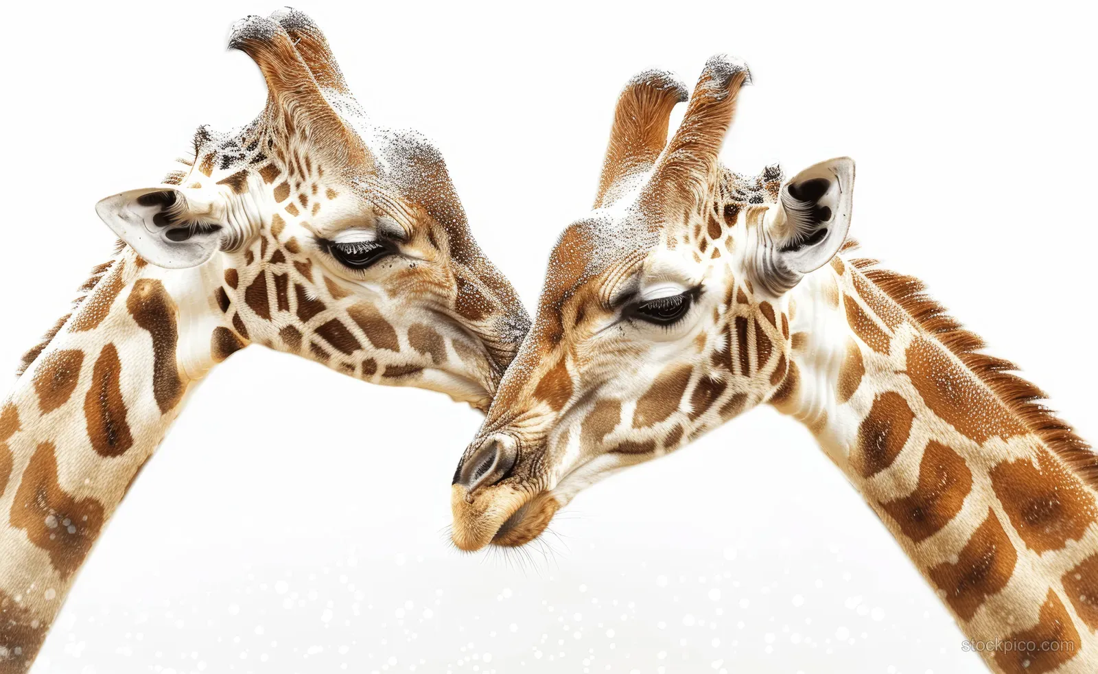 Two giraffes touch foreheads in a close-up against a clean white background.