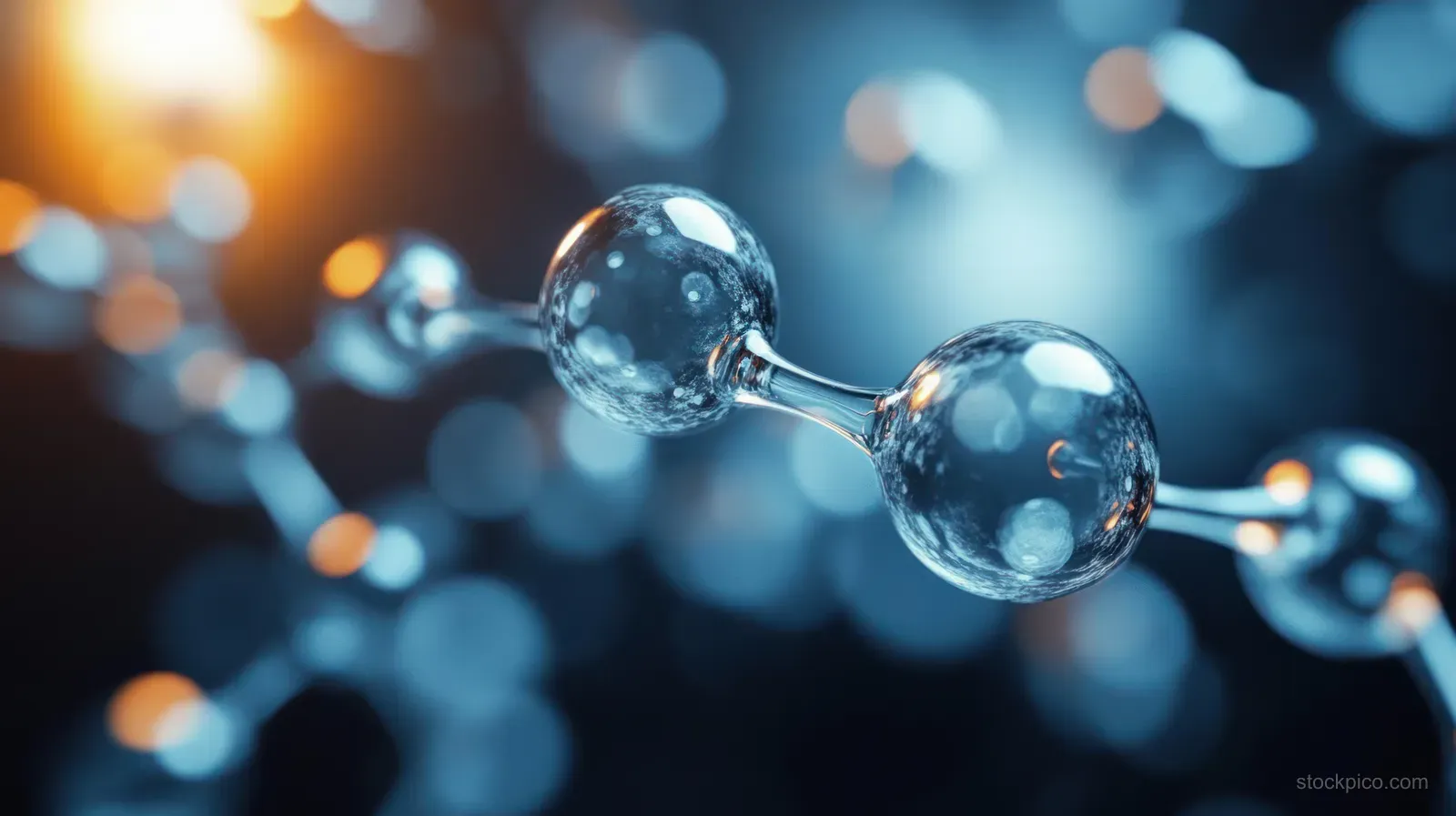 Glass atom spheres connected by glowing lines float over a blue bokeh scientific background.