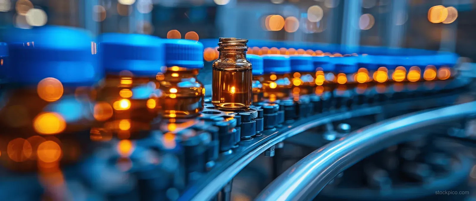 Medical glass vials travel on an automated pharmaceutical line inside a blue-lit production facility.