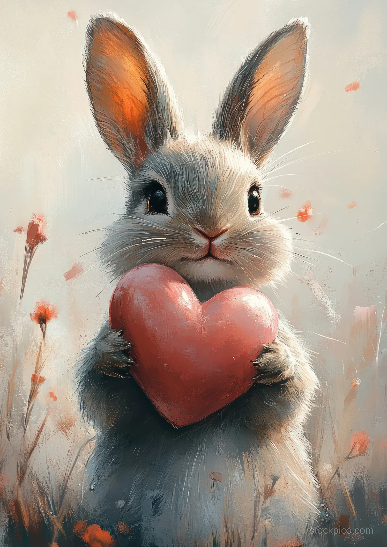 A fluffy white rabbit holds a pink heart surrounded by soft watercolor splashes and tiny flowers.