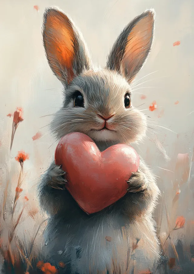 Fluffy white rabbit hugging a pink heart painted in soft watercolor splashes