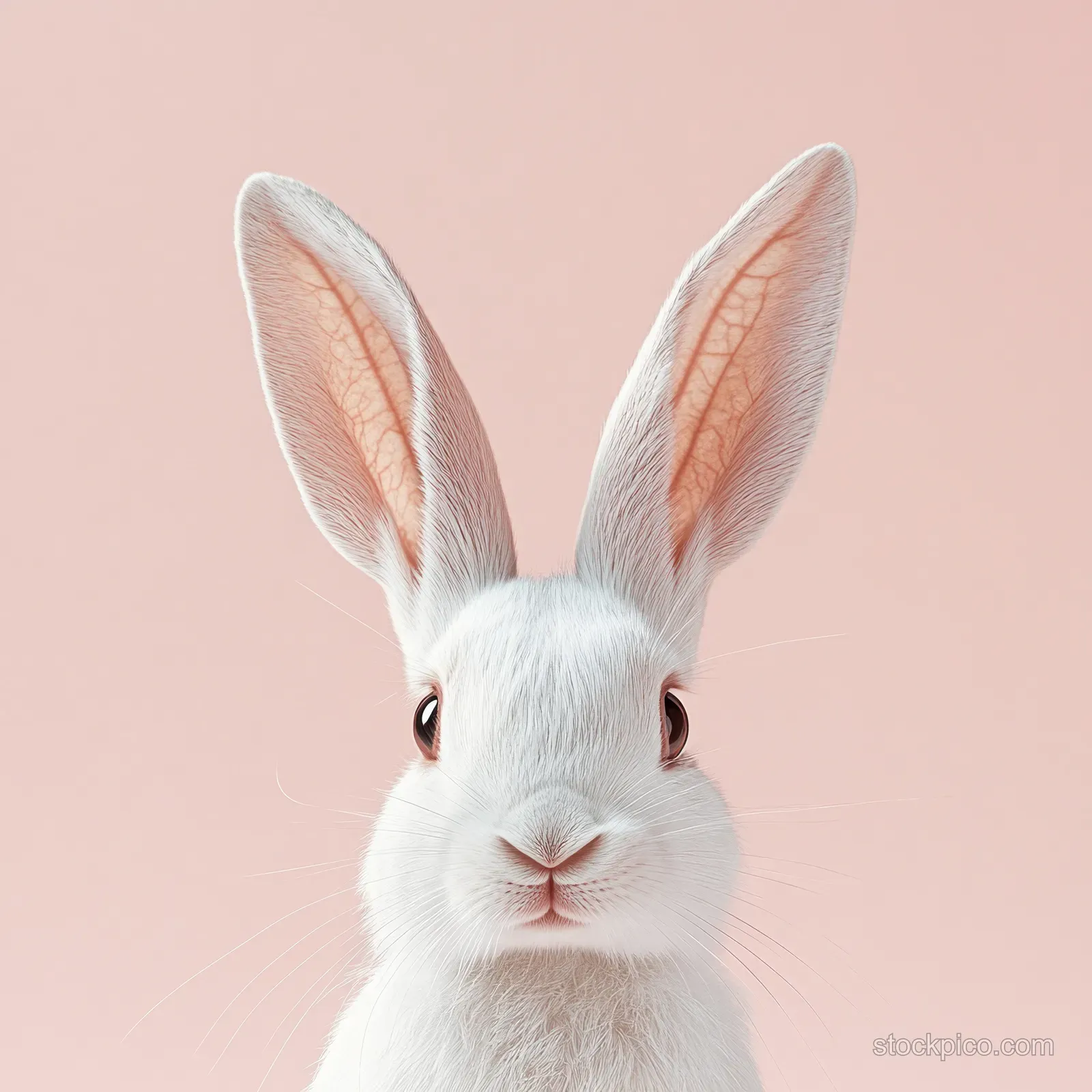 White rabbit close-up portrait with large pink ears and calm eyes against a soft pink background.