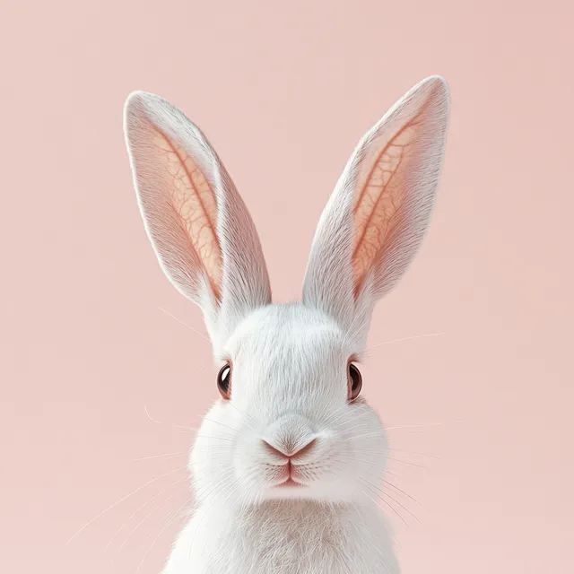 White rabbit close-up portrait with large pink ears and calm eyes against a soft pink background.
