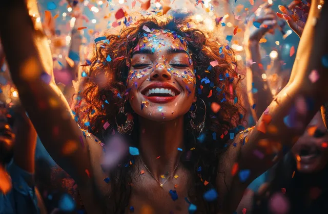 Smiling woman cheers with confetti and friends at an empowerment celebration, vibrant lights