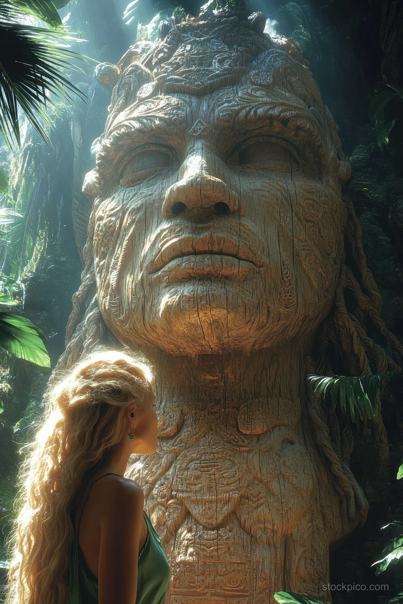 A woman in a green dress stands before a carved wooden sculpture in a sunlit tropical jungle in Tulum, Mexico.