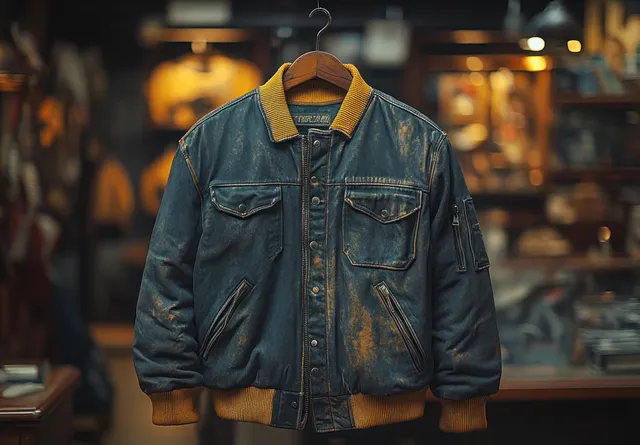 Vintage blue denim sports jacket hanging on a wooden hanger in a warm lit shop with blurred displays behind.