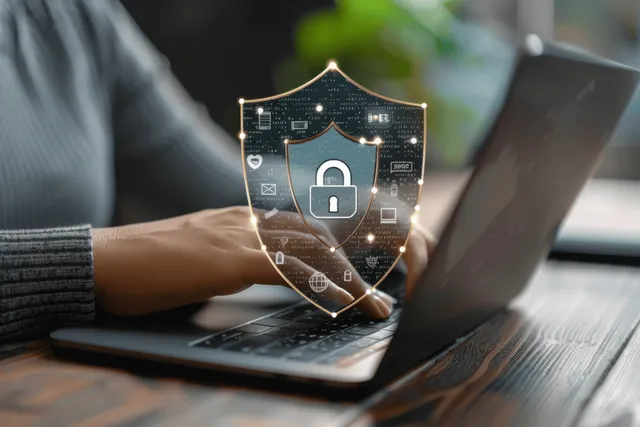Woman’s hands on a laptop with a glowing virtual shield lock icon for secure online banking data transfer.
