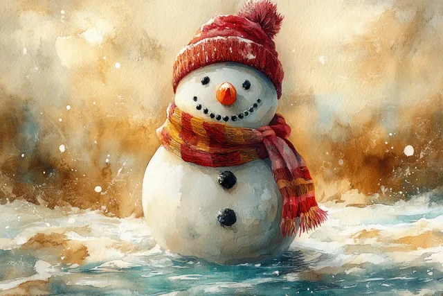 A cheerful snowman with a red scarf stands in shallow ocean water under warm sandy light.