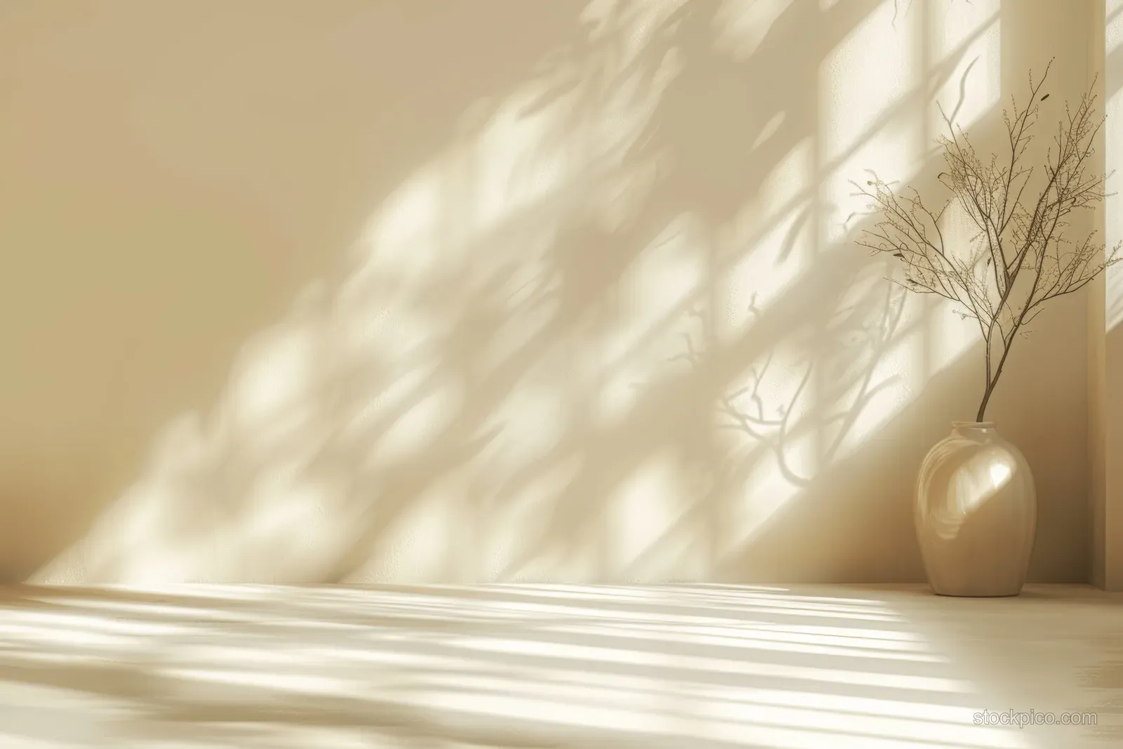 Beige wall with window light and plant shadows softly falling across a simple tabletop and vase.