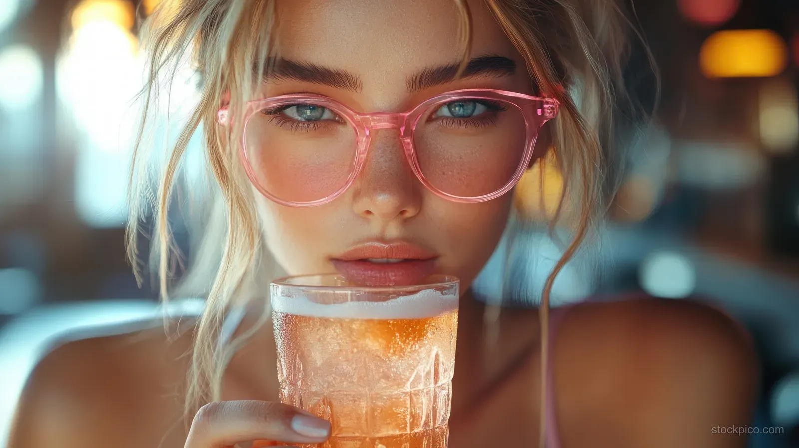 A woman in pink sunglasses holds and sips a creamy milkshake on a sunny city street outdoors.