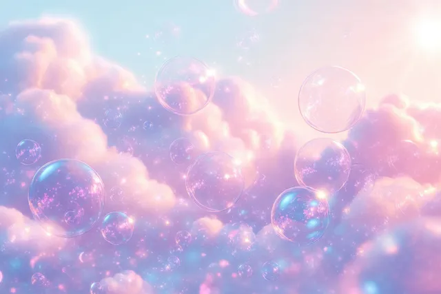 Pastel clouds and iridescent bubbles floating in a glowing sky