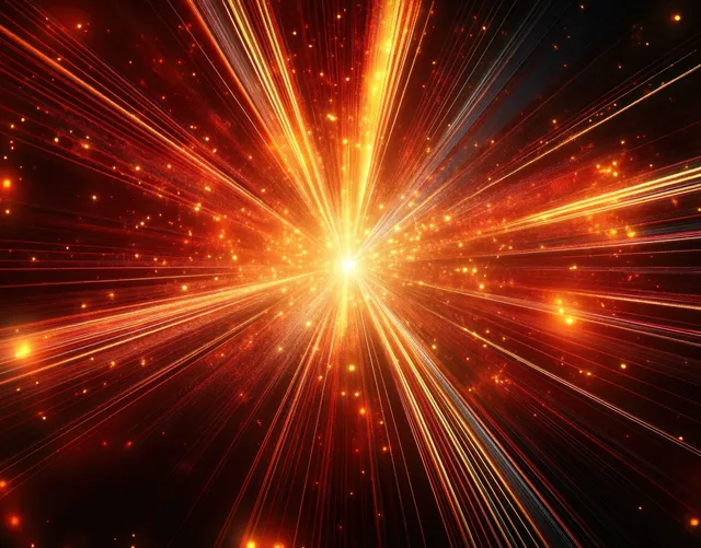Golden orange rays explode from a bright center with glittering particles and streaked light trails.