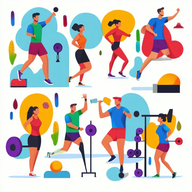 Illustrated group exercising with dumbbells, barbells, and cardio poses on a colorful background.