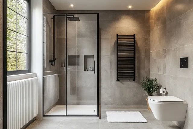 Modern bathroom interior with glass shower, wall-mounted toilet, towel radiator, large window, and plant in a woven basket.