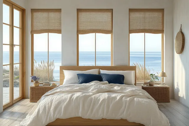 Minimalist bedroom with a wooden bed, soft linen bedding, and three ocean-view windows letting in morning light.