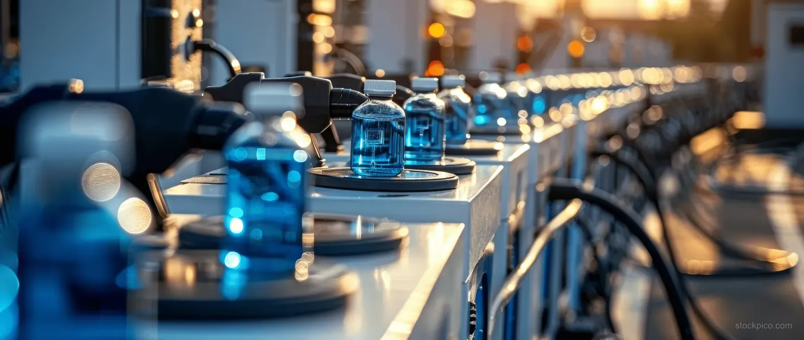 Rows of blue-lit glass vials move along an automated filling line inside a clean factory corridor.