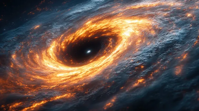 Black hole vortex in deep space with swirling orange gas and glowing accretion disk