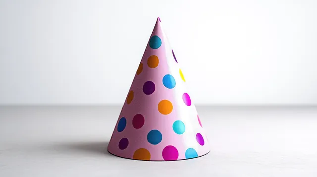Single cone party hat with multicolored polka dots on a white surface under soft light