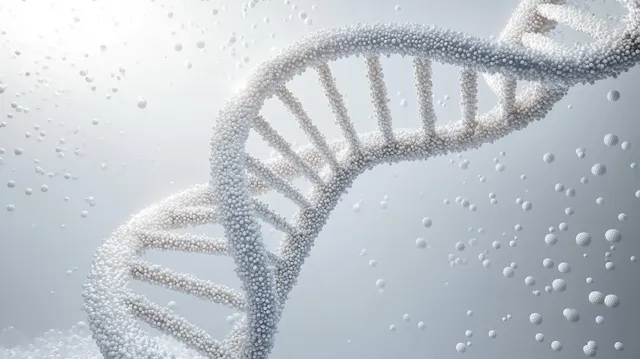 Close-up DNA double helix made of floating white spheres in soft studio light