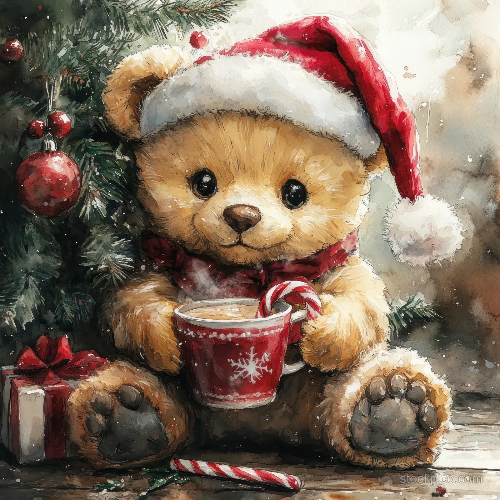 A teddy bear in a Santa hat holds a red mug of hot chocolate beside a Christmas tree, gifts, and candy canes.