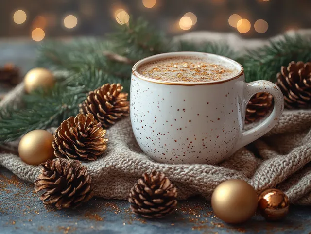 White mug of warm beverage on rustic knit cloth with pinecones and golden ornaments, glowing under warm bokeh lights.
