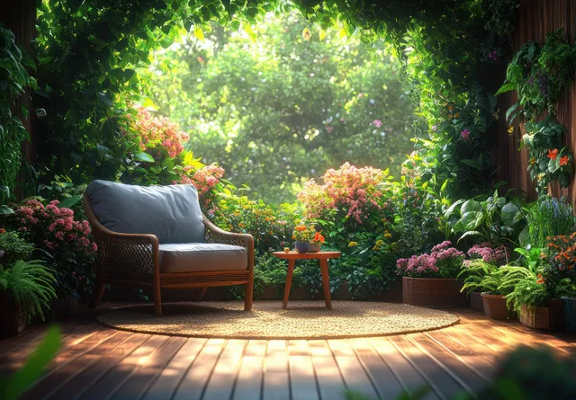 A wooden deck terrace with a cozy chair and side table facing a lush tropical garden lit by warm sunlight.